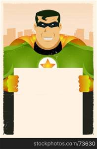 Illustration of a stylized comic green and yellow powerful superhero holding blank advertisement sign with cityscape background behind. Comic Super Hero Holding Sign