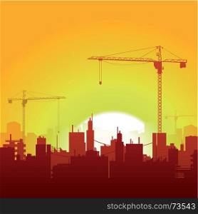 Illustration of a summer cityscape with cranes silhouettes, factories and skyscrapers for industry, real estate and construction backgrounds. Sunrise Cranes And Construction Background