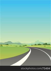 Illustration of a summer or spring highway road driving to mountains landscape for vacations and travel background. On The Road To Summer