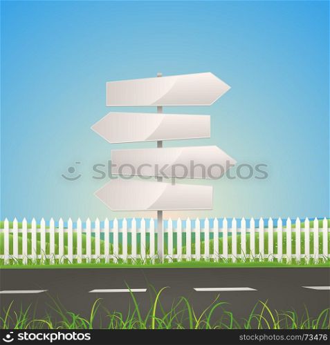Illustration of a summer or spring season road on nature landscape with white arrow road signs. Spring Or Summer Road With White Arrow Signs