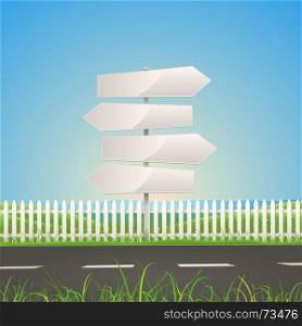 Illustration of a summer or spring season road on nature landscape with white arrow road signs. Spring Or Summer Road With White Arrow Signs