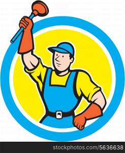 Illustration of a super plumber holding raising plunger set inside circle on isolated background done in cartoon style.. Super Plumber With Plunger Circle Cartoon