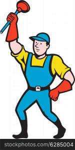 Illustration of a super plumber wielding holding plunger done in cartoon style on isolated background.. Super Plumber Wielding Plunger Cartoon