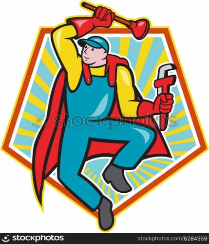 Illustration of a superhero super plumber jumping with cape holding monkey wrench and plunger done in cartoon style with pentagon shape in background.. Super Plumber Plunger Wrench Cartoon