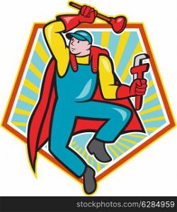 Illustration of a superhero super plumber jumping with cape holding monkey wrench and plunger done in cartoon style with pentagon shape in background.. Super Plumber Plunger Wrench Cartoon