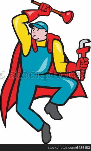 Illustration of a superhero super plumber jumping with cape holding monkey wrench and plunger done in cartoon style on isolated background.. Super Plumber Plunger Wrench Cartoon