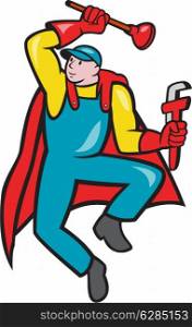 Illustration of a superhero super plumber jumping with cape holding monkey wrench and plunger done in cartoon style on isolated background.. Super Plumber Plunger Wrench Cartoon