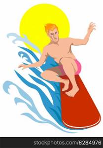 Illustration of a surfer on the water with a sun behind him done in retro style.. Surfer Retro