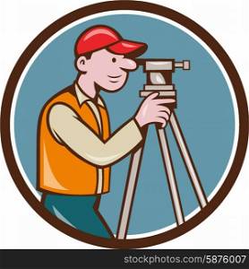 Illustration of a surveyor geodetic engineer looking through theodolite instrument surveying viewed from side set inside circle done in cartoon style. . Surveyor Geodetic Engineer Theodolite Circle Cartoon