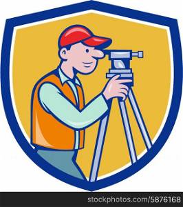 Illustration of a surveyor geodetic engineer looking through theodolite instrument surveying viewed from side set inside shield crest done in cartoon style. . Surveyor Geodetic Engineer Theodolite Shield Cartoon