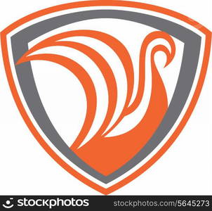 Illustration of a swan or a viking ship with sails viewed from side set inside shield crest done in retro style.. Swan Viking Ship Shield Retro