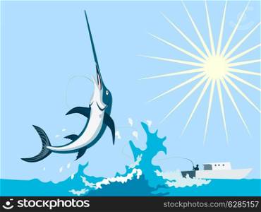 Illustration of a swordfish jumping sideways with sun and fishing boat in the background done in retro style. . Swordfish Jumping