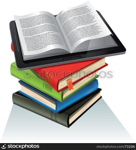 Illustration of a tablet pc e-book set upon a book stack.Imaginary model of e-book not made from a real existing product or copyrighted model. Book Stack And Tablet PC