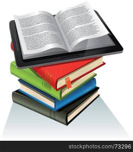 Illustration of a tablet pc e-book set upon a book stack.Imaginary model of e-book not made from a real existing product or copyrighted model. Book Stack And Tablet PC