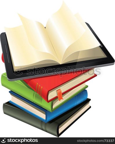 Illustration of a tablet pc e-book set upon a book stack.Imaginary model of tablet pc not made from a real existing product or copyrighted model.. Tablet PC On A Book Pile