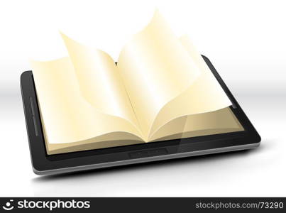 Illustration of a tablet pc e-book with pages flipping effect.Imaginary model of e-book not made from a real existing product or copyrighted model.. Open Book In Tablet PC