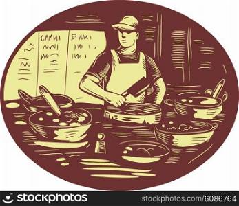 Illustration of a Taco chef cook wearing hat and apron holding meat cleaver knife in market food stall with pots set inside oval shape done in retro style.. Taco Cook in Food Stall Oval Retro
