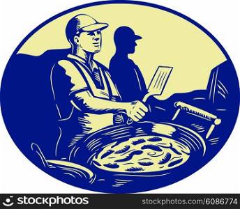 Illustration of a Taco chef cook with frying pan in market food stall viewed from the side set inside oval shape done in retro style.. Taco Chef Cook Man Side Oval Retro