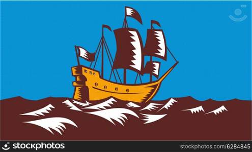Illustration of a tall sailing cargo ship galleon done in retro woodcut style.