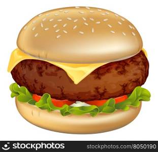 Illustration of a tasty looking classic beef cheeseburger with lettuce, tomato and onion