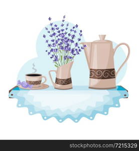 Illustration of a teapot, a cup and a milk jug with a bouquet of lavender. The concept of a French breakfast. Vector.