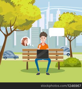 Illustration of a Teen Girl Using Her Laptop in a Bench in the Park. Illustration of a Teenagerl Using Her Laptop in a Bench in the Park, cartoon style,vector