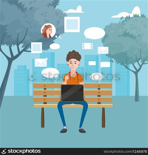 Illustration of a Teen Using Laptop in a Bench in the Park. Illustration of a Teenager Using Laptop in a Bench in the Park, cartoon style, vector