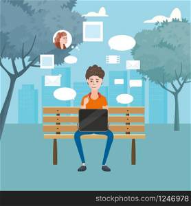 Illustration of a Teen Using Laptop in a Bench in the Park. Illustration of a Teenager Using Laptop in a Bench in the Park, cartoon style, vector