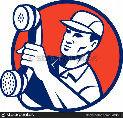 illustration of a Telephone repairman holding out phone set inside a circle done in retro style.. Telephone repairman holding out phone