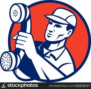 illustration of a Telephone repairman holding out phone set inside a circle done in retro style.. Telephone repairman holding out phone