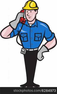 illustration of a telephone repairman lineman worker talking on phone done in cartoon style.