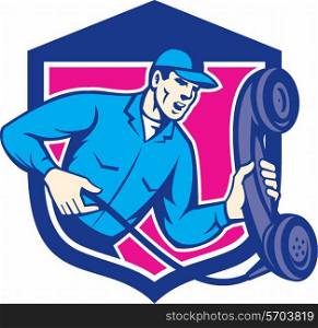 Illustration of a telephone repairman worker holding phone telephone set inside shield crest on isolated background done in retro style.