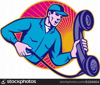 Illustration of a telephone repairman worker wearing hat holding a big retro corded phone done in retro style set inside circle.