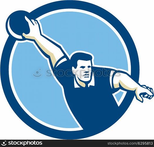 Illustration of a ten-pin bowler ready to throw bowling ball viewed from front set inside circle on isolated background done in retro style. . Bowler Pose Bowling Ball Pins Retro