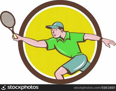 Illustration of a tennis player holding racquet playing tennis doing a forehand shot viewed from the side set inside circle done in cartoon style. . Tennis Player Racquet Forehand Circle Cartoon
