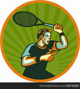 Illustration of a tennis player holding racquet pointing viewed from the side set inside circle done in retro style. . Tennis Player Racquet Circle Retro