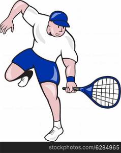 Illustration of a tennis player holding racquet viewed from front on isolated background done in cartoon style.. Tennis Player Racquet Cartoon