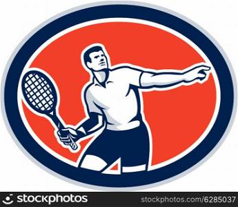 Illustration of a tennis player holding racquet viewed from front set inside oval on isolated background done in retro style.. Tennis Player Racquet Oval Retro
