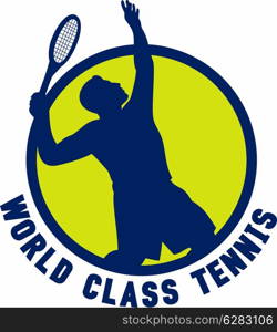 "illustration of a tennis player silhouette serving set inside circle with words "world class tennis""