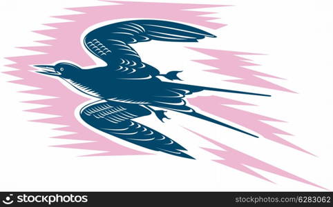 Illustration of a tern bird flying done in retro woodcut style.