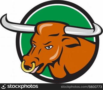 Illustration of a texas longhorn bull head with nose ring set inside circle on isolated background done in cartoon style. . Texas Longhorn Bull Head Circle Cartoon