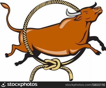Illustration of a texas longhorn red bull jumping over lasso rope circle viewed from side set on isolated white background done in cartoon style. . Texas Longhorn Red Bull Jumping Lasso Cartoon