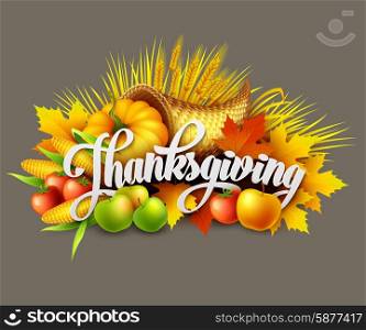 Illustration of a Thanksgiving cornucopia full of harvest fruits and vegetables.. Illustration of a Thanksgiving cornucopia full of harvest fruits and vegetables. Vector EPS 10