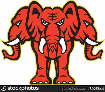 Illustration of a three headed elephant standing set on isolated white background done in retro style. . Three Headed Elephant Standing Retro