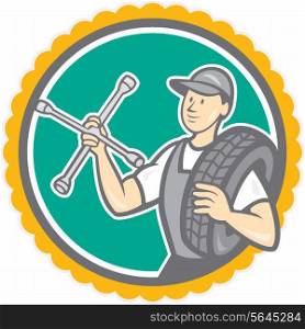 Illustration of a tireman mechanic holding tire wrench and tire on shoulder set inside rosette shape on isolated background done in cartoon style.. Mechanic With Tire Wrench Rosette Cartoon
