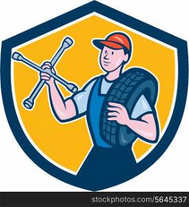 Illustration of a tireman mechanic holding tire wrench and tire on shoulder set inside shield crest on isolated background done in cartoon style.. Mechanic With Tire Wrench Shield Cartoon