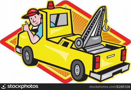 Illustration of a tow truck wrecker with driver thumb up set inside diamond on isolated white background.