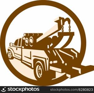 Illustration of a tow wrecker truck lorry viewed from rear set inside circle done in retro style on isolated background.. Tow Truck Wrecker Rear Retro