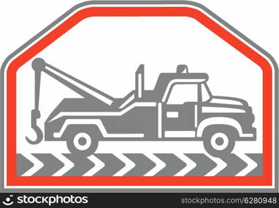 Illustration of a tow wrecker truck lorry viewed from rear set inside hexagon shape done in retro style on isolated background.. Tow Wrecker Truck Side Retro