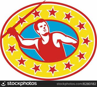 Illustration of a track and field athlete javelin throw facing front set inside oval on isolated background done in retro style.